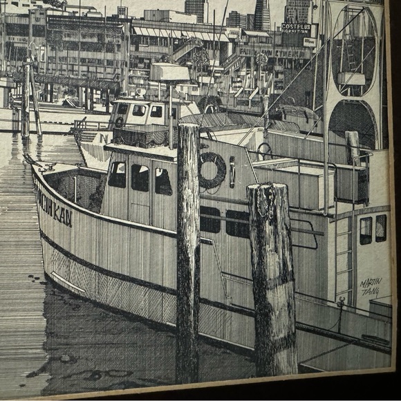 1970’s MARTIN TANG VTG Signed Seattle Waterfront Ink Print In Metal Frame Art - Picture 7 of 12